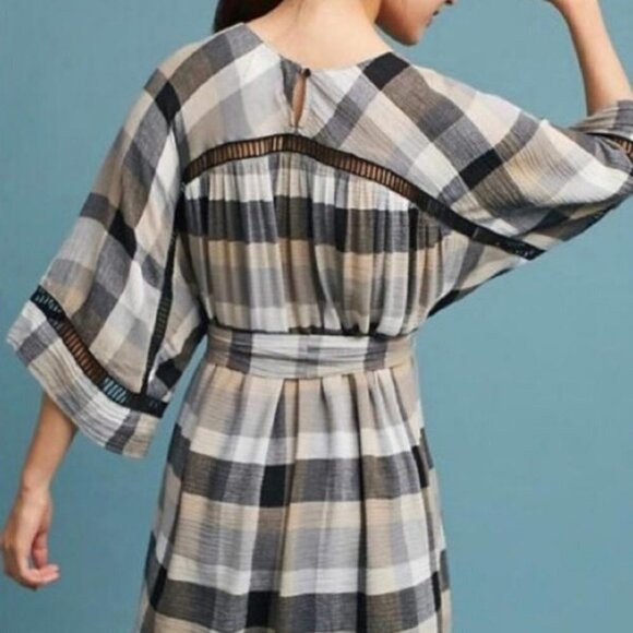 Anthropologie Maeve Buffalo Plaid Mini Dress / Kimono Tunic with Belt Tie Waist - Picture 3 of 16